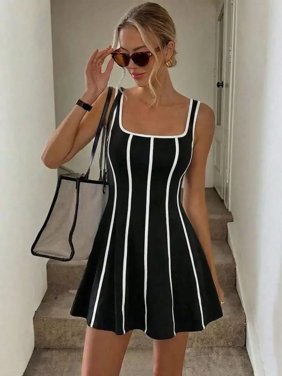 Square Neck Striped Contrast Trim A-Line Mini Dress For Women
Square Neck Striped Contrast Trim A-Line Mini Dress For Women