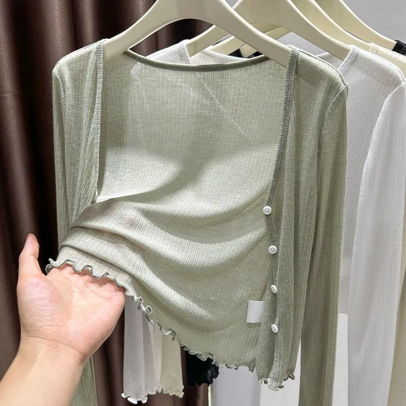 Plus size ice silk thin sunscreen clothes cardigan women's summer short style shawl with black fungus edge outer cover jacket
Plus size ice silk thin sunscreen clothes cardigan women's summer short style shawl with black fungus edge outer cover jacket
