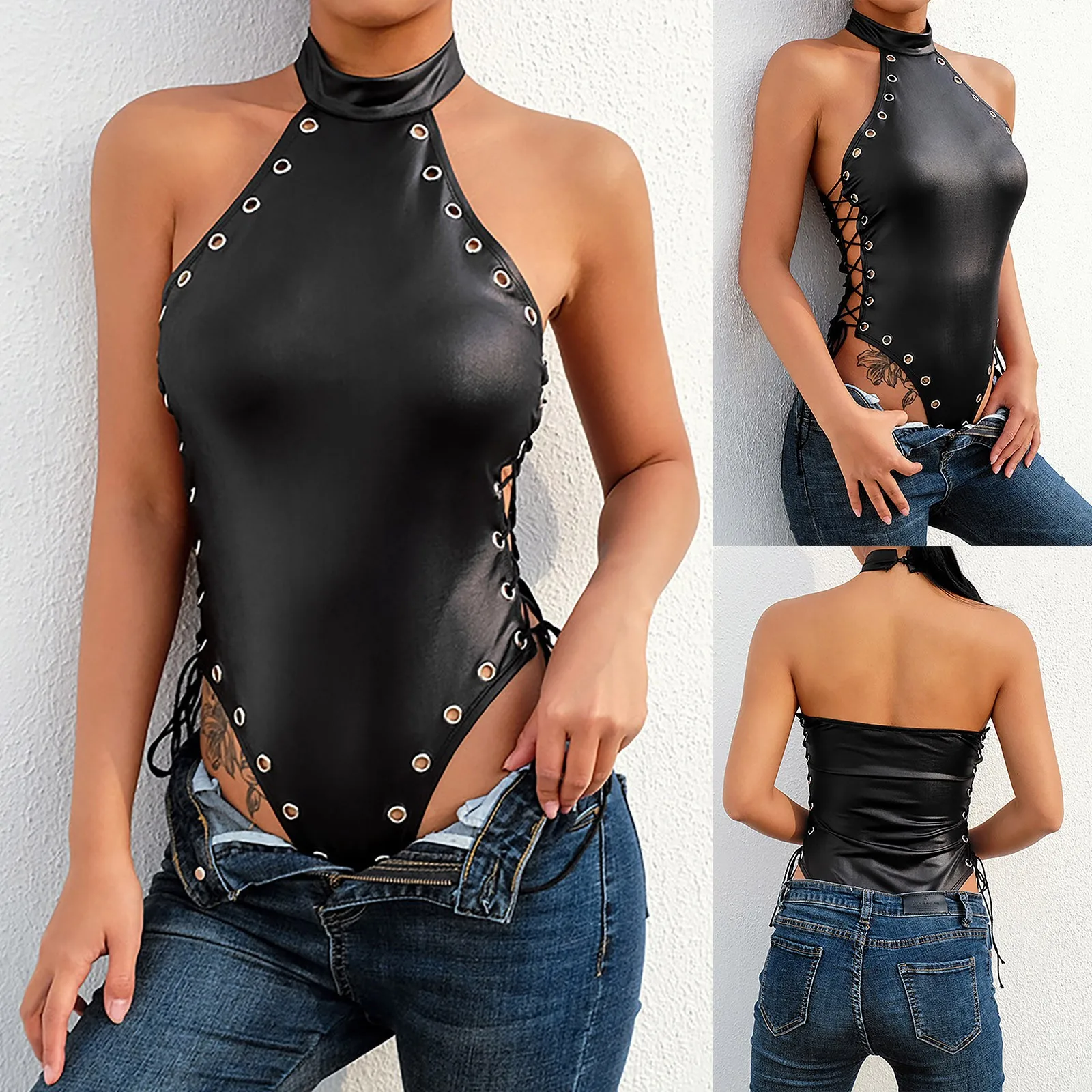 Women's PU Leather Patchwork Mesh Bodysuit Sexy Tight Hollow Out Slim Fit Lace Up Bandage Club Party Bodycon Rompers
Women's PU Leather Patchwork Mesh Bodysuit Sexy Tight Hollow Out Slim Fit Lace Up Bandage Club Party Bodycon Rompers