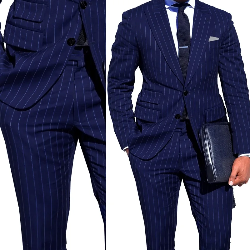 2PCS Navy Blue Stripe Men Suits Custom Men Business Suit with Ticket Pocket Tailored Made Single Breasted Peak Lapel Men Blazer
2PCS Navy Blue Stripe Men Suits Custom Men Business Suit with Ticket Pocket Tailored Made Single Breasted Peak Lapel Men Blazer