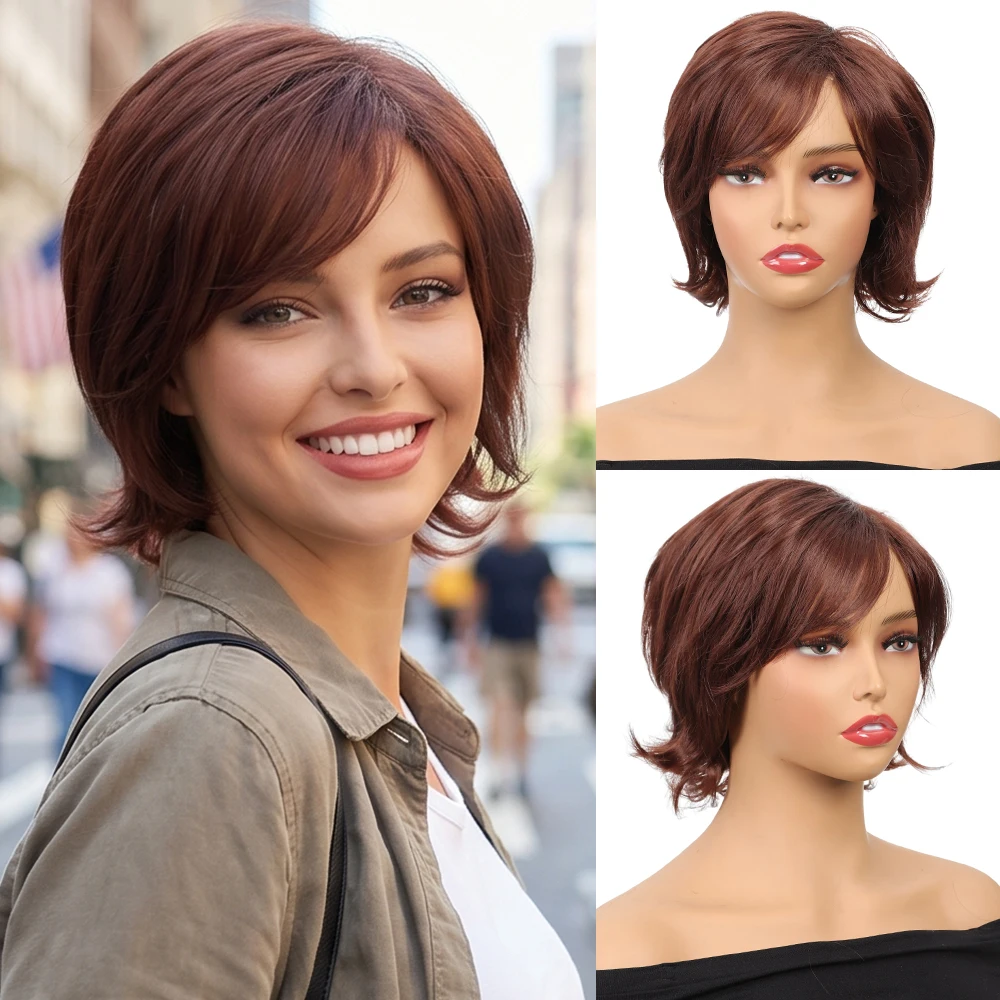Reddish Brown Short Synthetic Wig Women Side Bangs Heat Resistant Full Wig Soft Breathable Daily Party Cosplay Fashion Hairpiece
Reddish Brown Short Synthetic Wig Women Side Bangs Heat Resistant Full Wig Soft Breathable Daily Party Cosplay Fashion Hairpiece