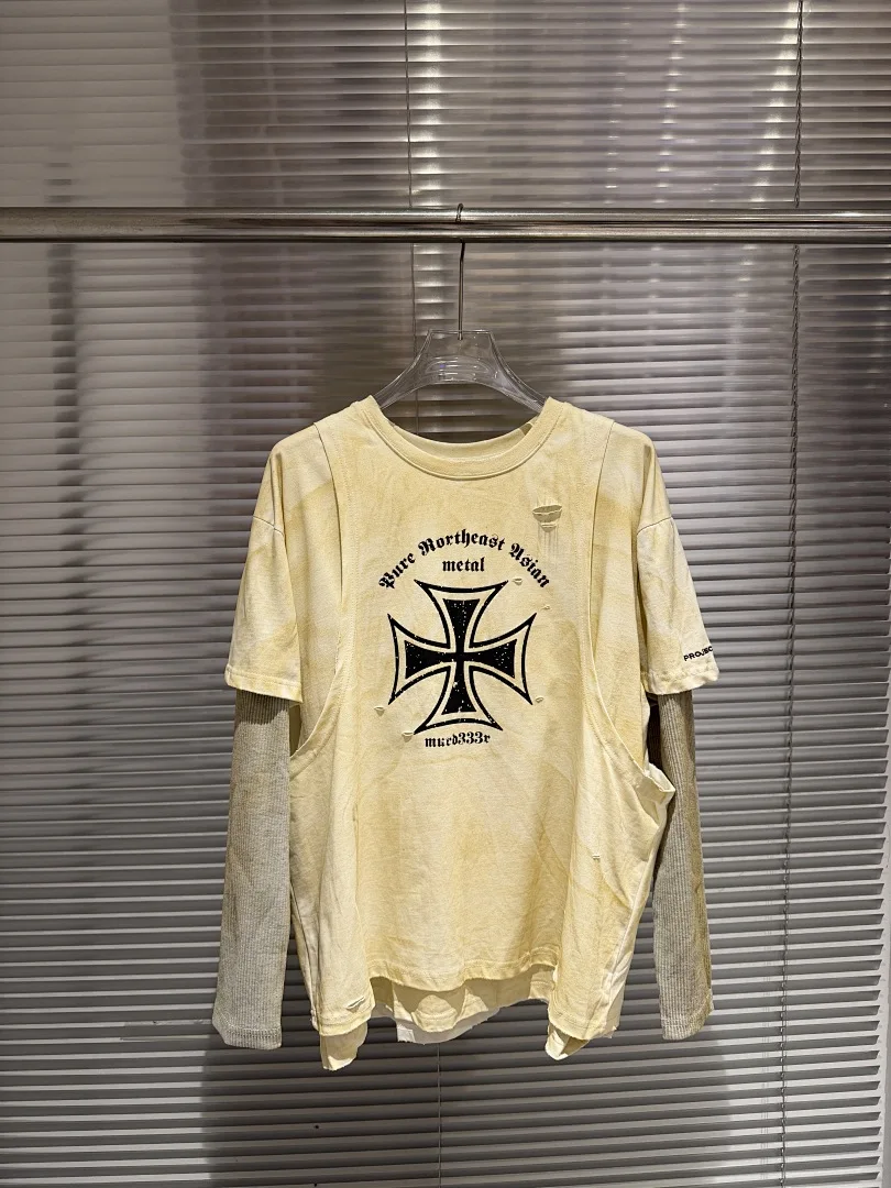 24SS Vintage Dirty Dye Destroyed Fake Three Pieces Spliced Long Sleeve T-shirt Men Women Cross Graphic Oversized Streetwear Top
24SS Vintage Dirty Dye Destroyed Fake Three Pieces Spliced Long Sleeve T-shirt Men Women Cross Graphic Oversized Streetwear Top