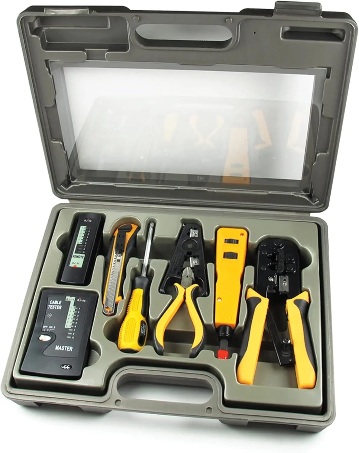 10-in-1 Network Installation Tool Kit with Crimper, Tester, Punch Down, Stripper, Knife, Screwdriver in Hard Case
10-in-1 Network Installation Tool Kit with Crimper, Tester, Punch Down, Stripper, Knife, Screwdriver in Hard Case
