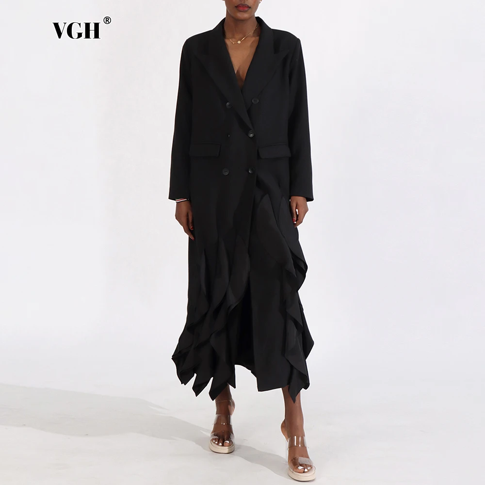 VGH Temperament Spliced Ruffles Solid Coats for Women Lapel Long Sleeve Patchwork Button Loose Elegant Coat Female Fashion New
VGH Temperament Spliced Ruffles Solid Coats for Women Lapel Long Sleeve Patchwork Button Loose Elegant Coat Female Fashion New