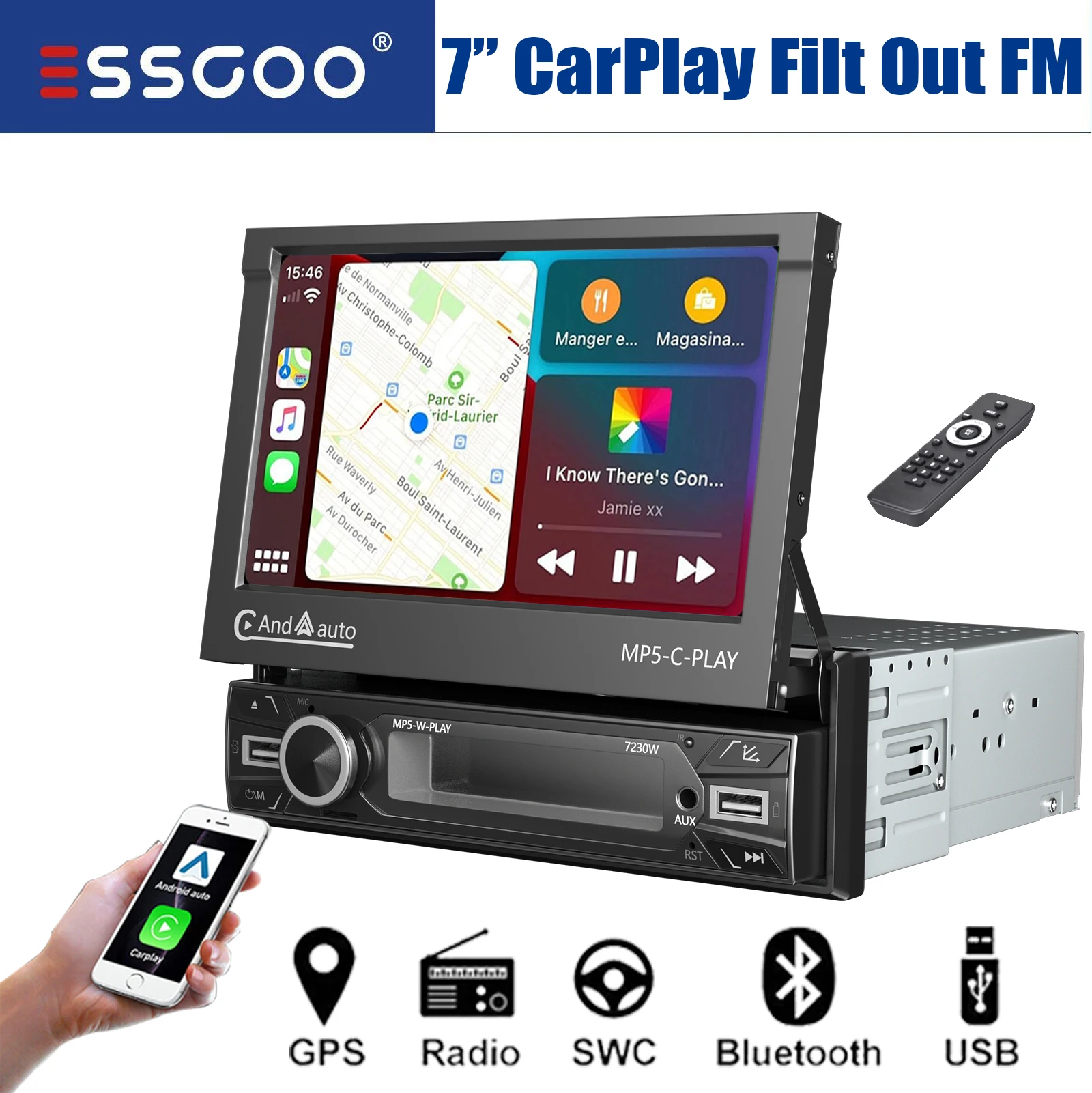 ESSGOO 7" Flip Out Single 1 DIN Car Radio Stereo Apple Carplay & Android Auto HD Touch Screen MP5 Player Bluetooth FM USB SWC US
ESSGOO 7" Flip Out Single 1 DIN Car Radio Stereo Apple Carplay & Android Auto HD Touch Screen MP5 Player Bluetooth FM USB SWC US