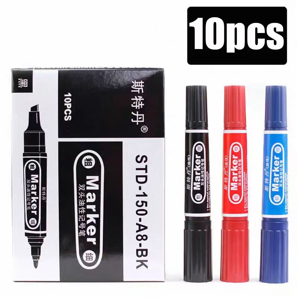 10pcs large double-headed markers, oil-based, waterproof and non-fading, in black, red and blue, with bold ink.
10pcs large double-headed markers, oil-based, waterproof and non-fading, in black, red and blue, with bold ink.