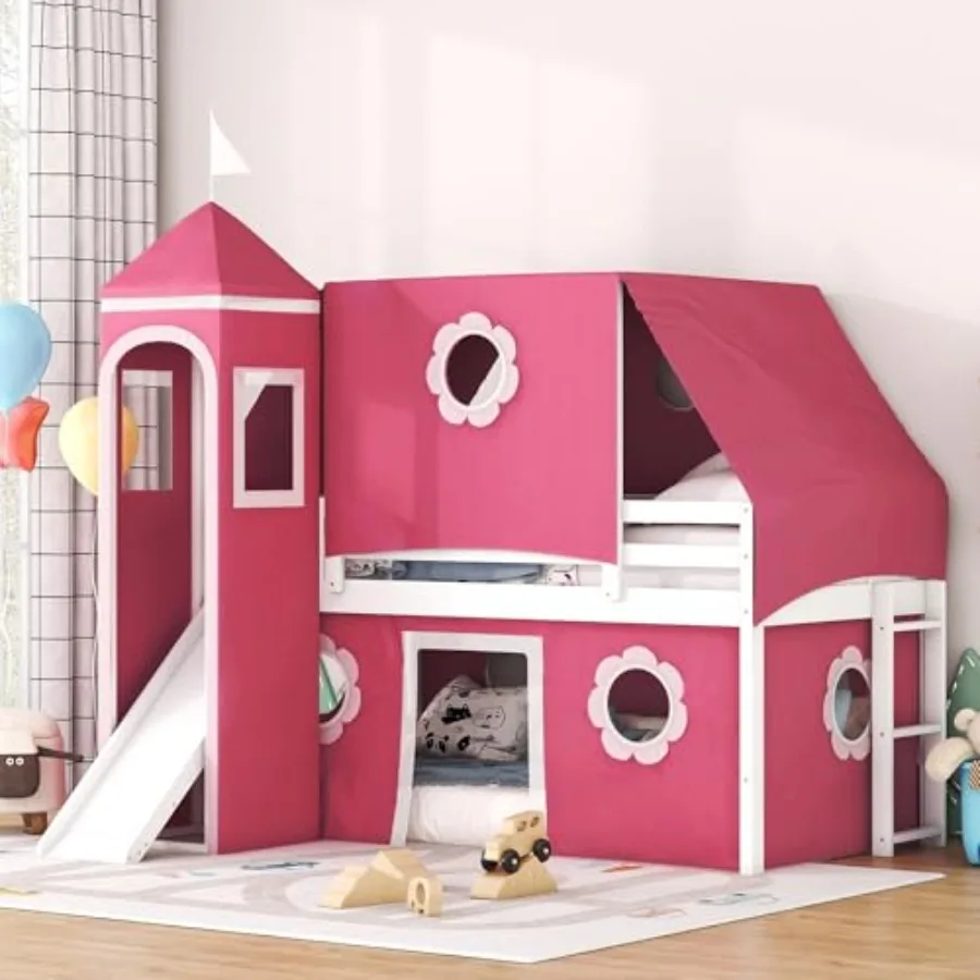 Pink Twin Size Loft Bed with Slide and Tent for Teens Boys Girls Wood Playhouse Bed Frame with Ladder Tower Multi-functional Bu
Pink Twin Size Loft Bed with Slide and Tent for Teens Boys Girls Wood Playhouse Bed Frame with Ladder Tower Multi-functional Bu