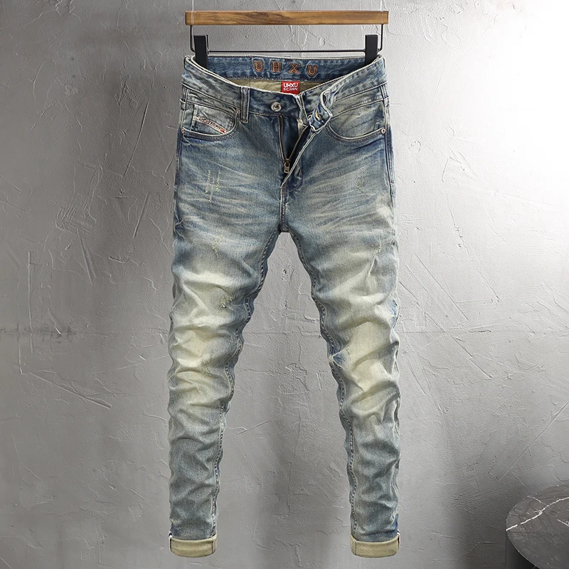 Fashion Designer Men Jeans High Quality Retro Washed Blue Stretch Slim Fit Ripped Jeans Men Vintage Y2K Denim Pants Hombre
Fashion Designer Men Jeans High Quality Retro Washed Blue Stretch Slim Fit Ripped Jeans Men Vintage Y2K Denim Pants Hombre
