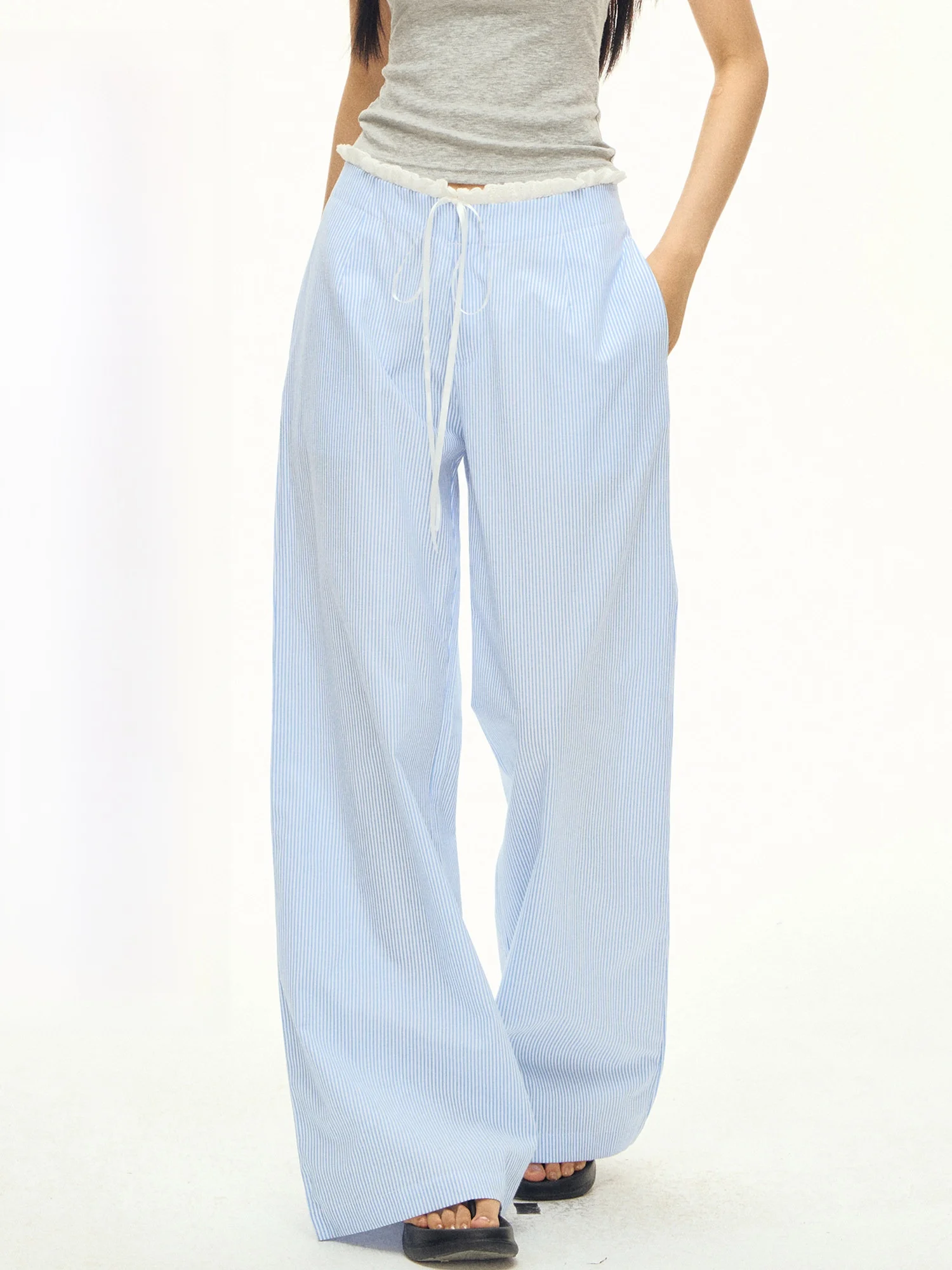 Summer New Women's Loose Wide Leg Pants Light Blue Stripes Casual Straight Cut Trousers by 101PASSION Low Waist with Pockets
Summer New Women's Loose Wide Leg Pants Light Blue Stripes Casual Straight Cut Trousers by 101PASSION Low Waist with Pockets