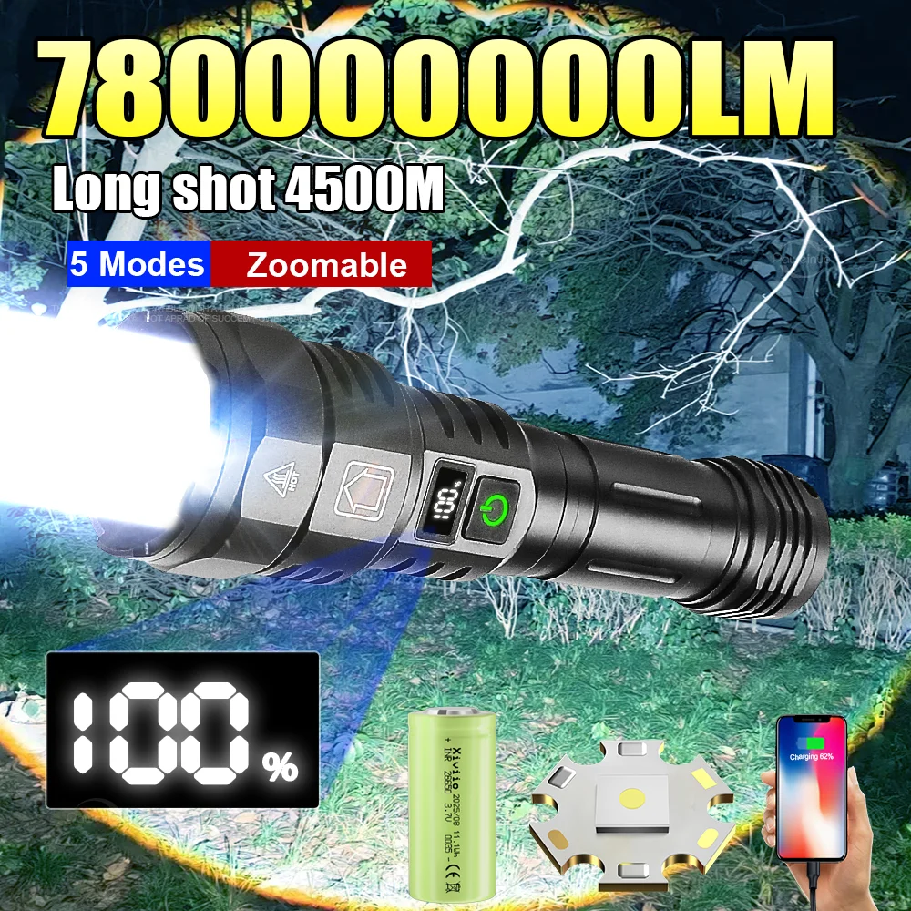 780000000LM Most Powerful Flashlight Rechargeable LED Tactical Torch Ultra Bright Long Range 4500M Lantern Outdoor Camping
780000000LM Most Powerful Flashlight Rechargeable LED Tactical Torch Ultra Bright Long Range 4500M Lantern Outdoor Camping