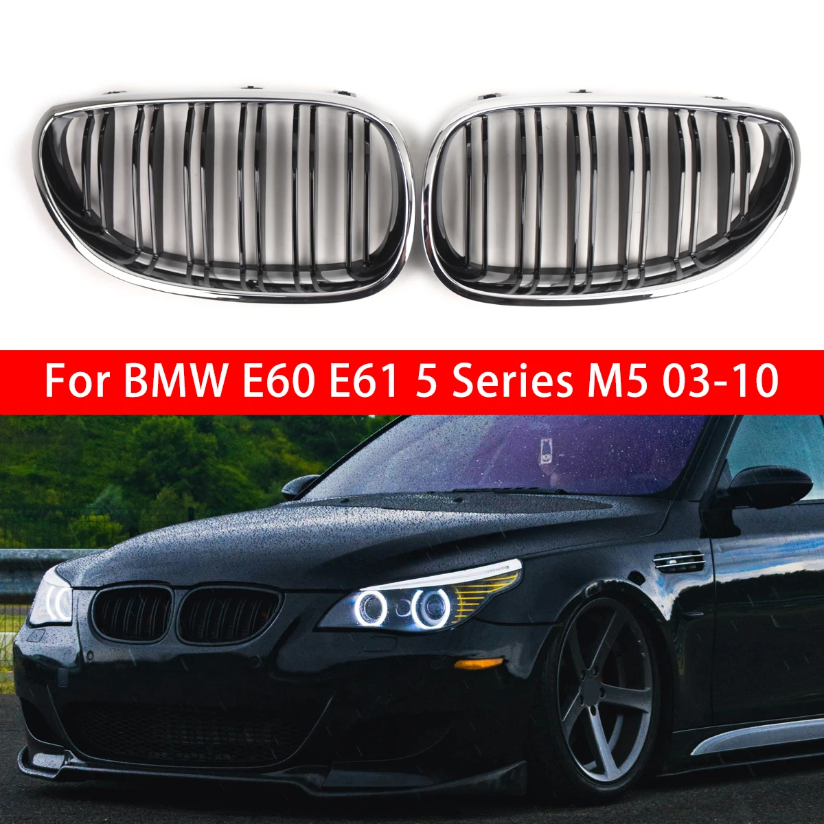 Brand New Left & Right Gloss Black Dual Slats Front Kidney Grille 51712155446 For 2003-2010 BMW 5 Series E60 E61 525i 530i M5
Brand New Left & Right Gloss Black Dual Slats Front Kidney Grille 51712155446 For 2003-2010 BMW 5 Series E60 E61 525i 530i M5