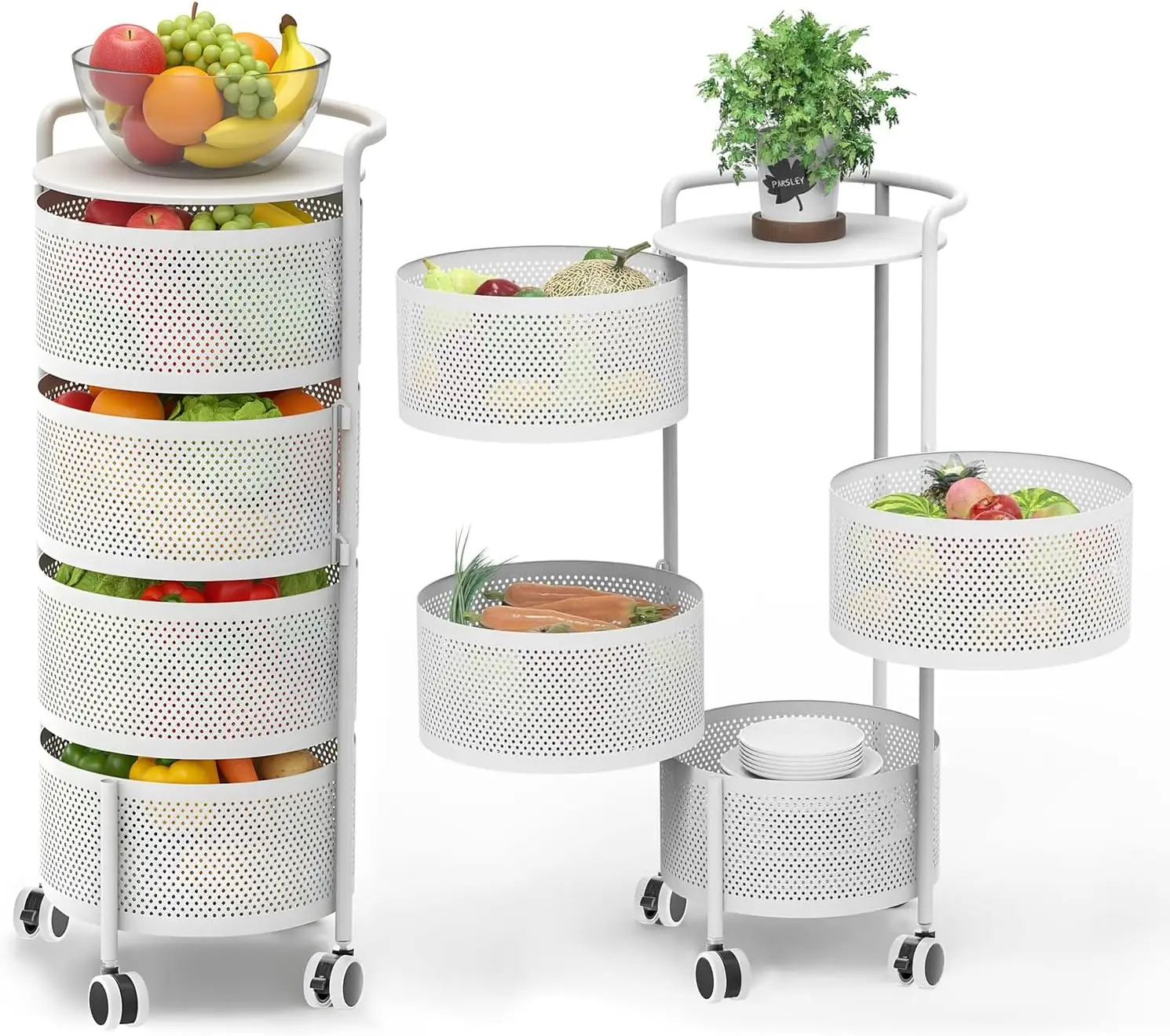 4-Tier Rotating Storage Cart with Wheels, No Assembly Needed for Kitchen Pantry Organizer in White
4-Tier Rotating Storage Cart with Wheels, No Assembly Needed for Kitchen Pantry Organizer in White
