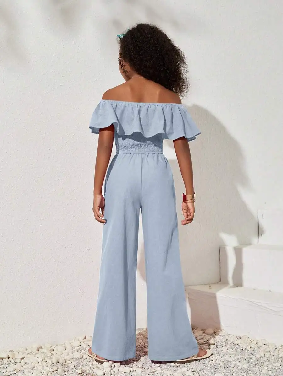 Off-Shoulder Ruffle Crop Top And Wide Leg Pants Set Casual Solid Color Summer Outfit
Off-Shoulder Ruffle Crop Top And Wide Leg Pants Set Casual Solid Color Summer Outfit
