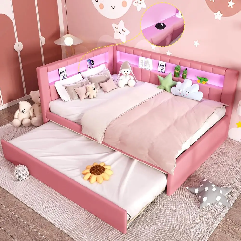 L-Shaped Upholstered Daybed with Trundle, LED & USB Ports, Storage and Bookshelf for Kids & Adults in Pink
L-Shaped Upholstered Daybed with Trundle, LED & USB Ports, Storage and Bookshelf for Kids & Adults in Pink