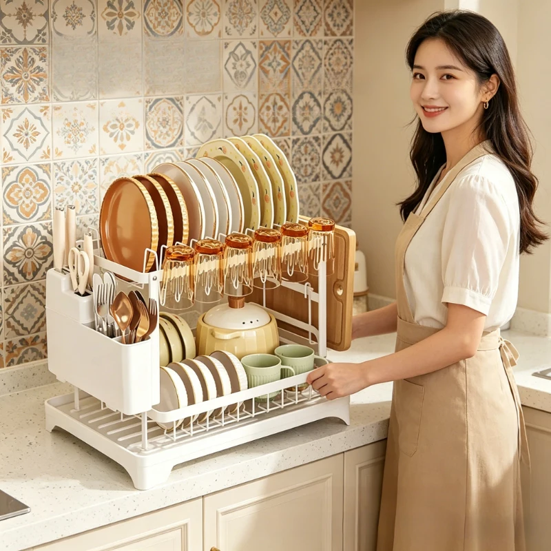 2-Tier Kitchen Countertop Dish Drying Rack with Drain Tray, Spout, Cutlery and Cup Holder for Dishes, Bowls and Utensils
2-Tier Kitchen Countertop Dish Drying Rack with Drain Tray, Spout, Cutlery and Cup Holder for Dishes, Bowls and Utensils