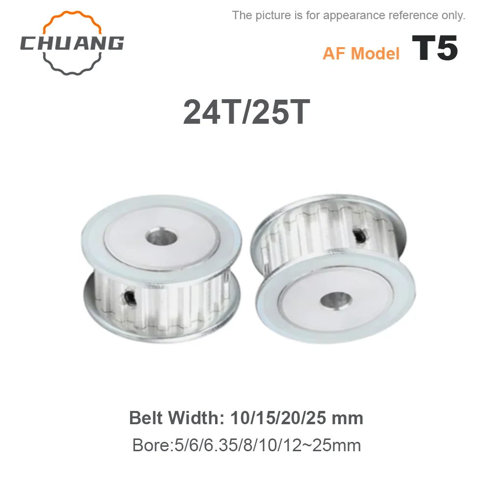 T5 Timing Pulley Aluminum Alloy 24T 25T Synchronous Wheel Belt Width 10/15/20/25mm Bore 5/6/6.35/8/10~25mm T5 AF type 5mm Pitch
T5 Timing Pulley Aluminum Alloy 24T 25T Synchronous Wheel Belt Width 10/15/20/25mm Bore 5/6/6.35/8/10~25mm T5 AF type 5mm Pitch
