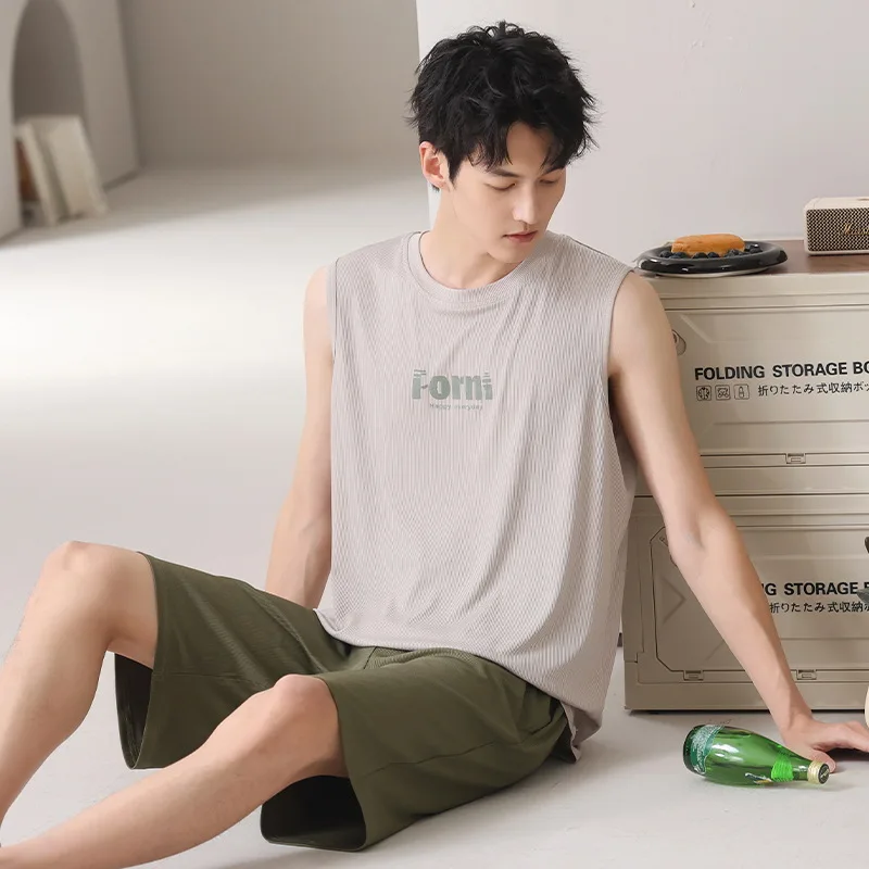 Korean Fashion Ice Silk Homewear For Summer Men's Sleeveless Sleeping Top Pant Pajamas Set L-3XL Pjs Pyjamas Homme Dropship
Korean Fashion Ice Silk Homewear For Summer Men's Sleeveless Sleeping Top Pant Pajamas Set L-3XL Pjs Pyjamas Homme Dropship