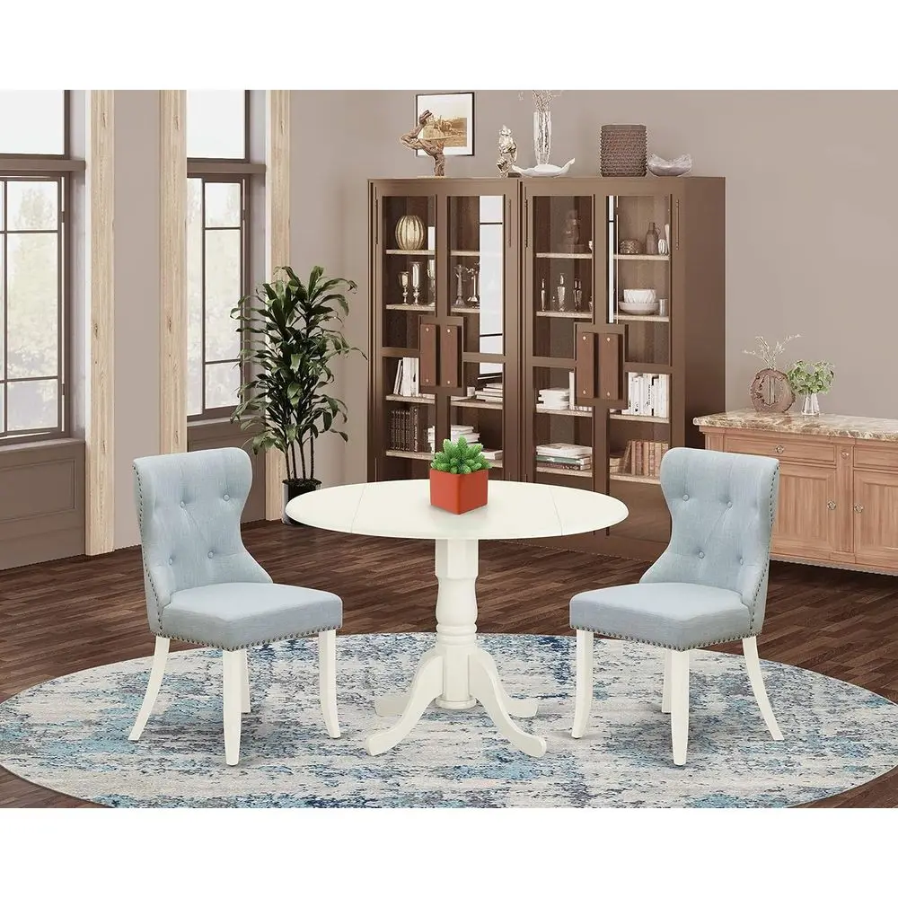 3-Piece Dining Set: Round Table with 2 Linen Chairs, 42x42 Inches, Baby Blue
3-Piece Dining Set: Round Table with 2 Linen Chairs, 42x42 Inches, Baby Blue