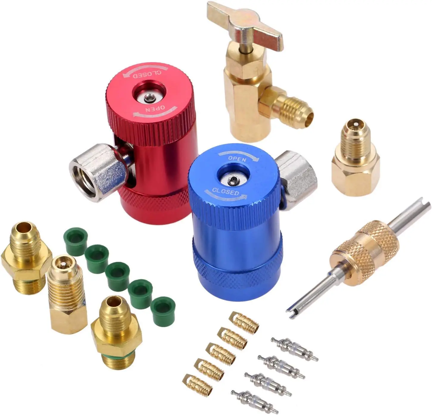 R-1234yf Bottle Opener and Adjustable High-low Pressure Quick Connector Kit for 1/4 and 1/2 Inch Female Fittings AC Gauge Hoses
R-1234yf Bottle Opener and Adjustable High-low Pressure Quick Connector Kit for 1/4 and 1/2 Inch Female Fittings AC Gauge Hoses