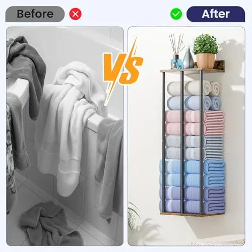 34 Inch Wall-Mounted Bathroom Towel Organizer With Floating Wooden Shelf, Metal Frame, Holds 6 Rolled Towels, Compact Design
34 Inch Wall-Mounted Bathroom Towel Organizer With Floating Wooden Shelf, Metal Frame, Holds 6 Rolled Towels, Compact Design