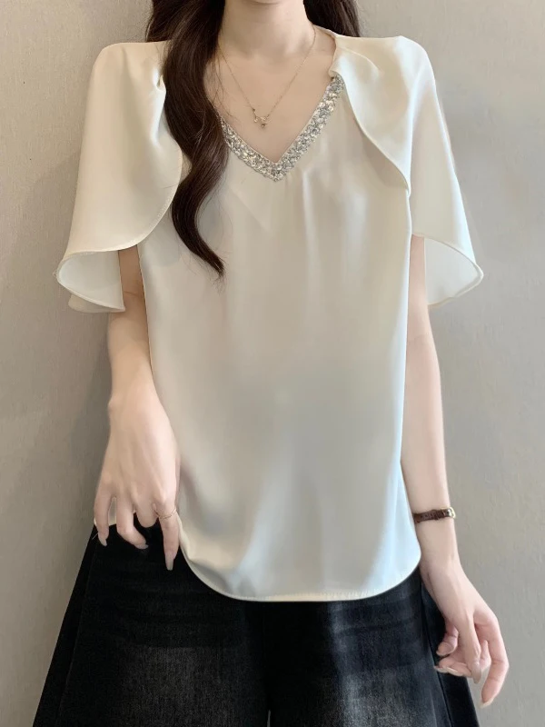 Elegant V-Neck Shoulder Shirt Women's plus Size Fashionable Acetate Satin Top Korean Style Commute Wind Loose Fit Short Sleeve
Elegant V-Neck Shoulder Shirt Women's plus Size Fashionable Acetate Satin Top Korean Style Commute Wind Loose Fit Short Sleeve