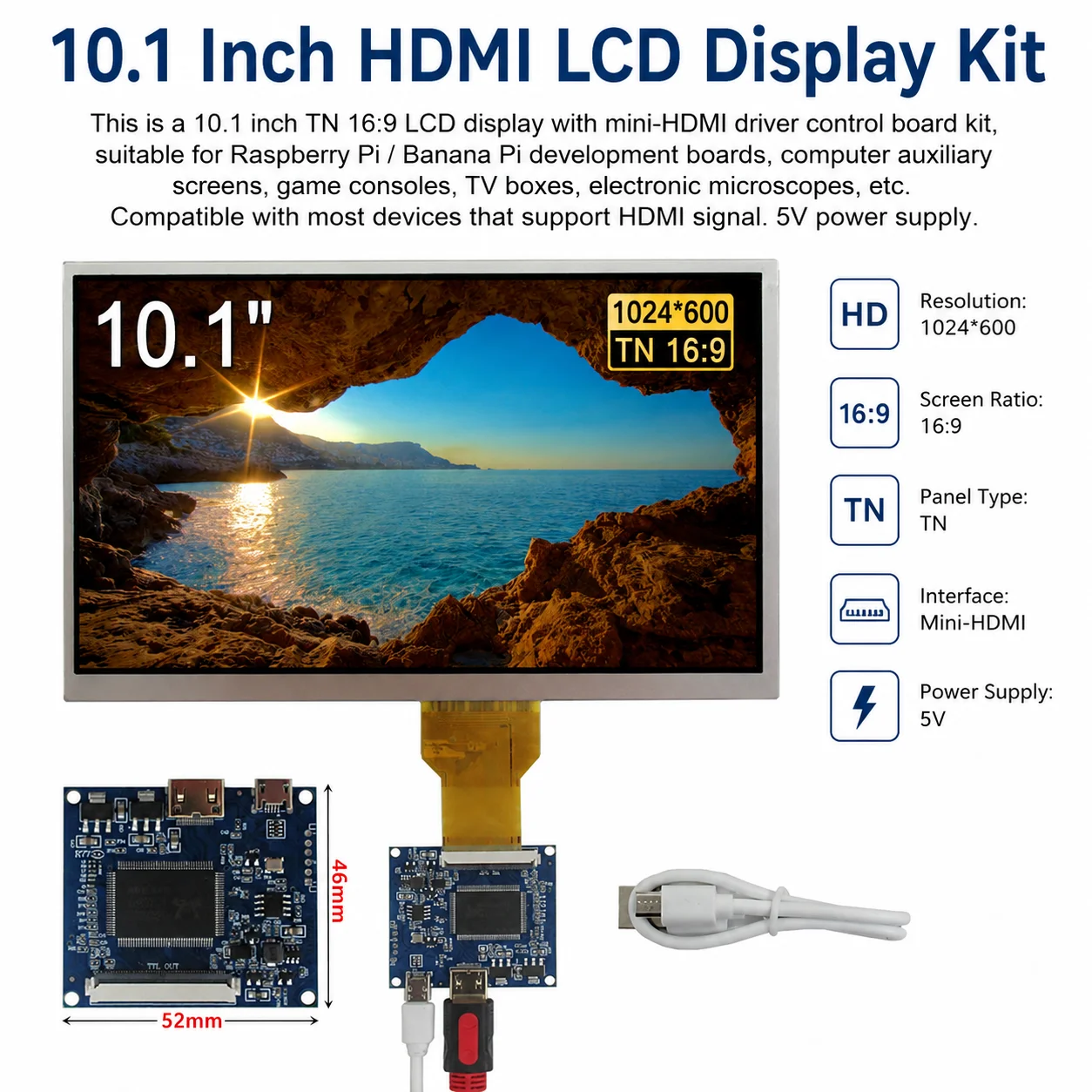 10.1 Inch 1024*600 LCD Display Screen Portable Monitor Control Driver Board Mini HDMI-Compatible For Banana,Raspberry Pi 2 3 PC
10.1 Inch 1024*600 LCD Display Screen Portable Monitor Control Driver Board Mini HDMI-Compatible For Banana,Raspberry Pi 2 3 PC