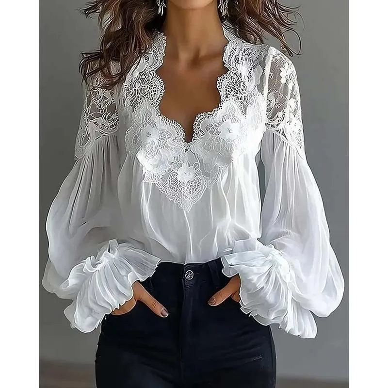 Spring Summer Lace V-Neck White Shirt Women Heavy Embroidery Hollow Out Bubble Sleeve Chiffon To Casual Blouse Ladies Tops
Spring Summer Lace V-Neck White Shirt Women Heavy Embroidery Hollow Out Bubble Sleeve Chiffon To Casual Blouse Ladies Tops