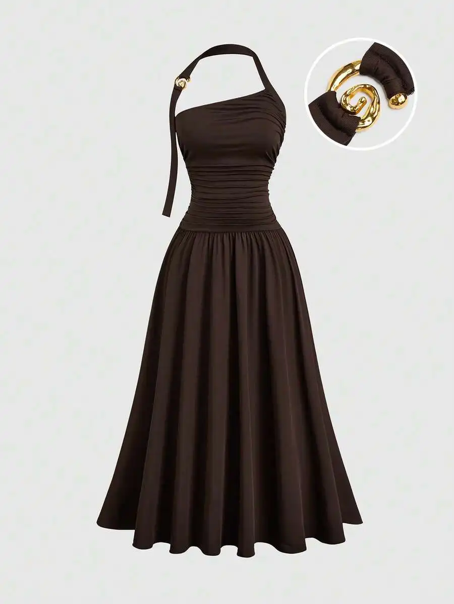 Elegant Halter Neck Ruched Waist A-Line Dress For Women
Elegant Halter Neck Ruched Waist A-Line Dress For Women