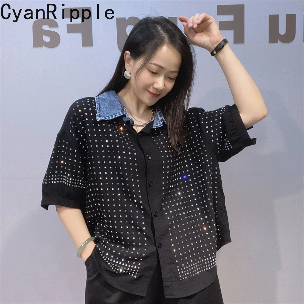 2026 New Summer Denim Splicing Turn-down Collar Women Blouses Hot Diamonds Loose Short Sleeve Shirt All-match Cardigans Tops
2026 New Summer Denim Splicing Turn-down Collar Women Blouses Hot Diamonds Loose Short Sleeve Shirt All-match Cardigans Tops