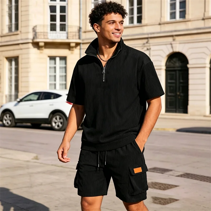 men's tracksuit summer corduroy comfort casual set with half zipper V collar short sleeved POLO shirt+cargo shorts two-piece set
men's tracksuit summer corduroy comfort casual set with half zipper V collar short sleeved POLO shirt+cargo shorts two-piece set