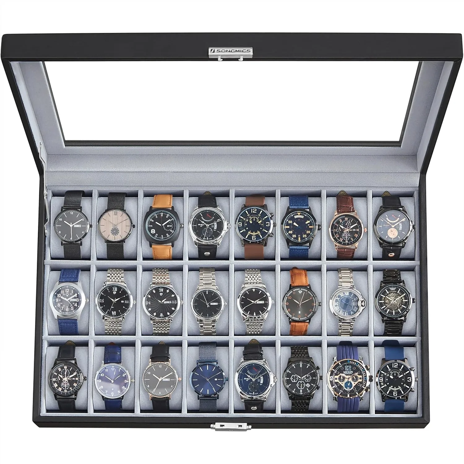 24-Slot Watch Box Lockable Storage Case with Glass Lid, Synthetic Leather, Velvet Lining, Gift for Watch Enthusiasts
24-Slot Watch Box Lockable Storage Case with Glass Lid, Synthetic Leather, Velvet Lining, Gift for Watch Enthusiasts
