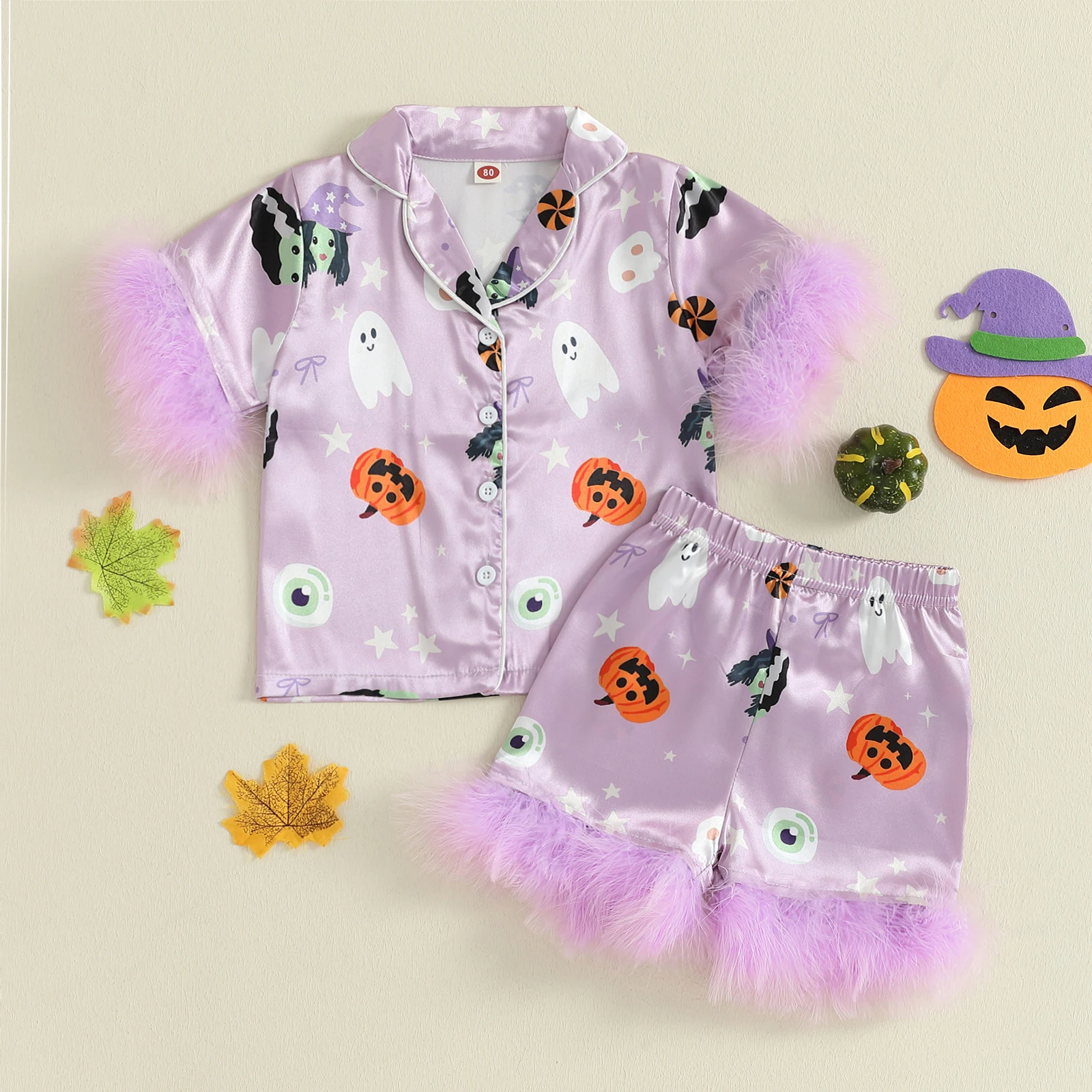 Kids Girls Halloween Pajamas Set Pumpkin Ghost Print Short Sleeve Lapel Tops Elastic Waist Shorts Two Pieces Lounge Suit
Kids Girls Halloween Pajamas Set Pumpkin Ghost Print Short Sleeve Lapel Tops Elastic Waist Shorts Two Pieces Lounge Suit