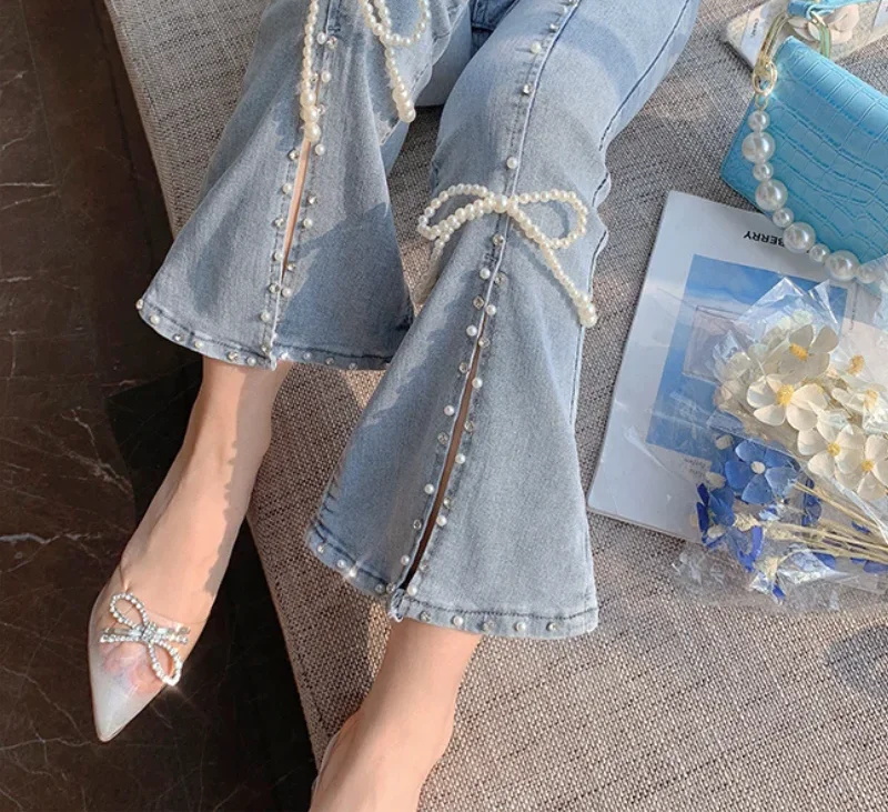 Spring Autumn Sweet High Waist Split Denim Pants Women Elegant Chic Beading Bowknot Boot Cut Girls Vintage Fairy Jeans LJ9
Spring Autumn Sweet High Waist Split Denim Pants Women Elegant Chic Beading Bowknot Boot Cut Girls Vintage Fairy Jeans LJ9