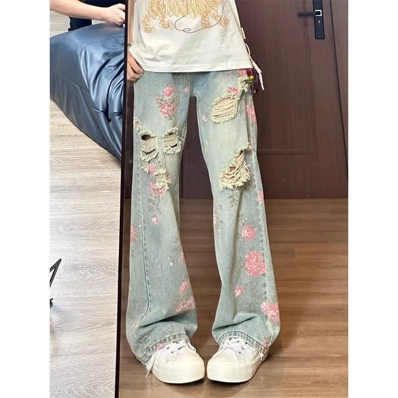 Women's Rose Print Hole Design Wide Leg Jeans High Waist Street Style Pant Casual Cool Girl Bottoms Female Unisex Denim Trousers
Women's Rose Print Hole Design Wide Leg Jeans High Waist Street Style Pant Casual Cool Girl Bottoms Female Unisex Denim Trousers