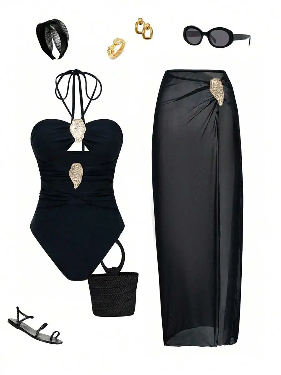 Black Solid Metal Accent Hollow Out Halter One Piece Swimsuit With Mesh Cover Up Skirt Beach Set
Black Solid Metal Accent Hollow Out Halter One Piece Swimsuit With Mesh Cover Up Skirt Beach Set