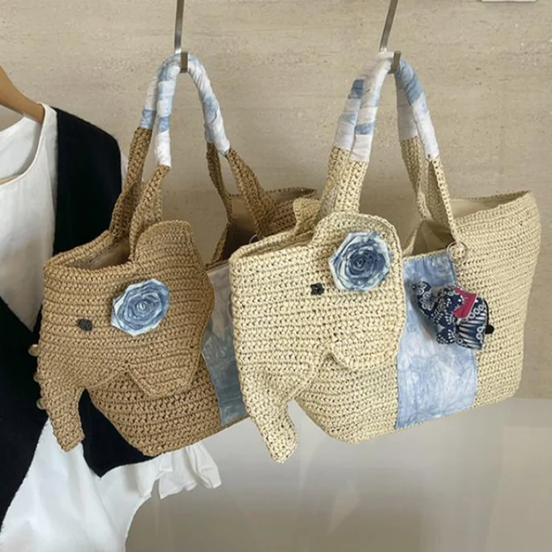 Cartoon Elephant Crocheted Straw Tote,blue Floral Fabric Handle Woven Shoulder Bag,large Capacity Summer Vacation Beach Tote Bag
Cartoon Elephant Crocheted Straw Tote,blue Floral Fabric Handle Woven Shoulder Bag,large Capacity Summer Vacation Beach Tote Bag