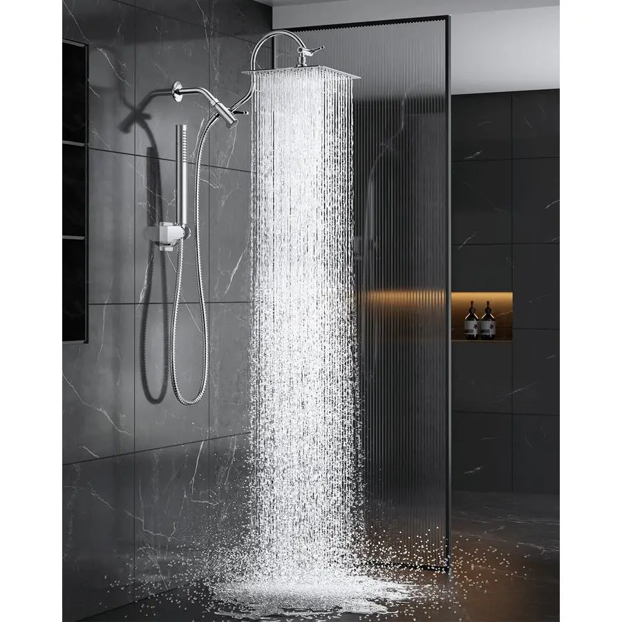 Metal Dual Shower Heads Combo with Curved Extension Arm, 10 Rain Shower Head with Handheld Spray, Square Adjustable Rainfall Sho
Metal Dual Shower Heads Combo with Curved Extension Arm, 10 Rain Shower Head with Handheld Spray, Square Adjustable Rainfall Sho