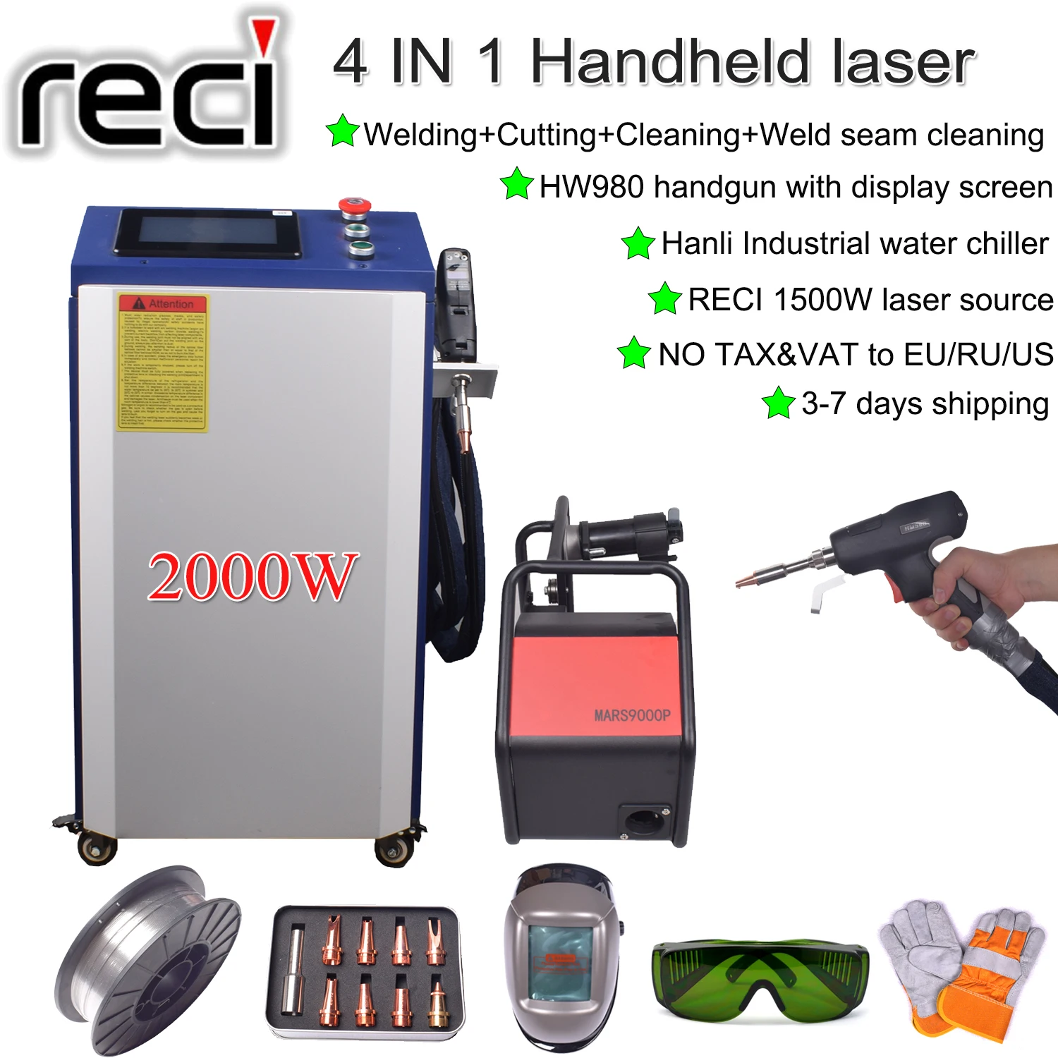 RECI 1500W Handheld Fiber Laser Welding Cutting Machine 2000W laser Cleaning Weld Seam Clean Machine
RECI 1500W Handheld Fiber Laser Welding Cutting Machine 2000W laser Cleaning Weld Seam Clean Machine