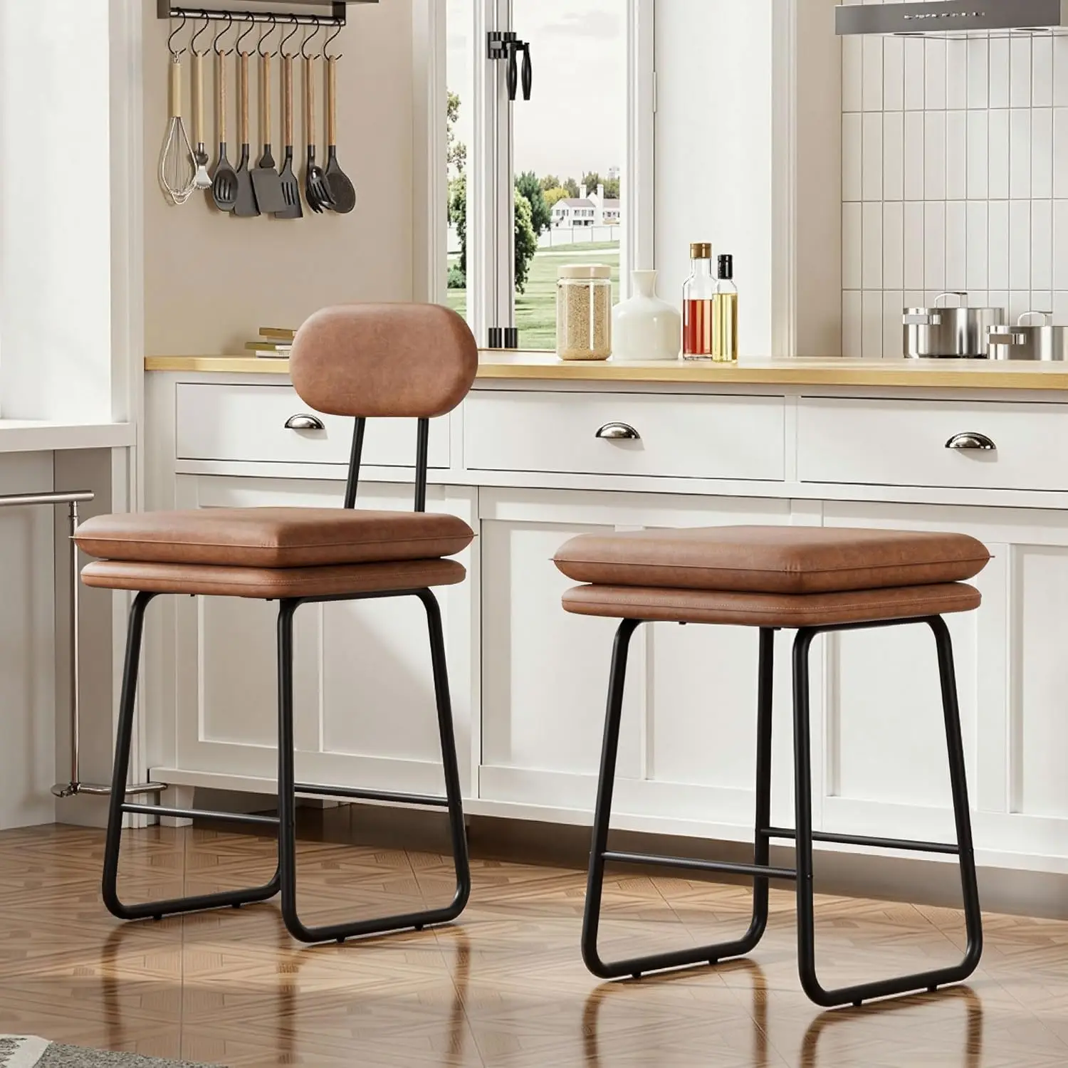 Bar Stools Set of 2, Counter Height Barstools with Removable Backrest, Padded Seat and Metal Legs, PU Leather Upholstered Bar
Bar Stools Set of 2, Counter Height Barstools with Removable Backrest, Padded Seat and Metal Legs, PU Leather Upholstered Bar