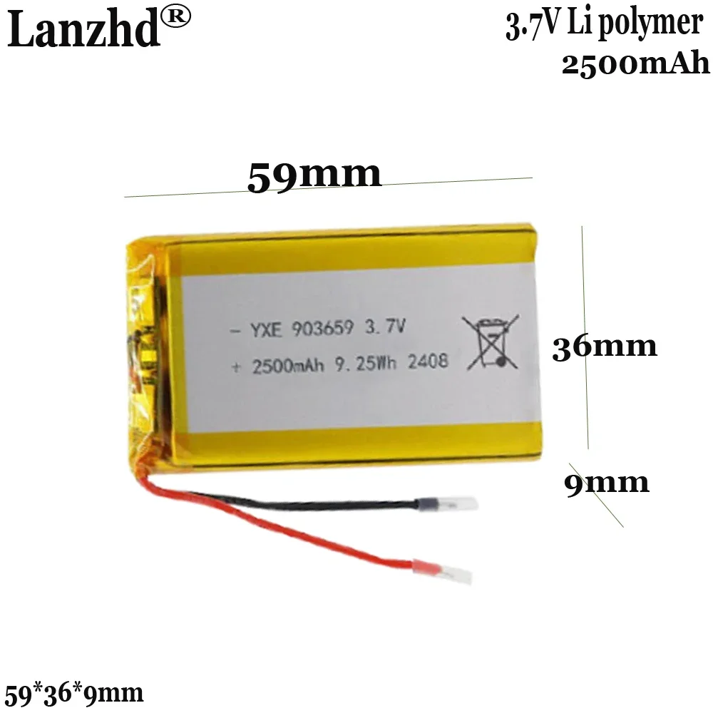 3.7V polymer lithium battery 2500mah For positioner lamp toy audio soft-pack battery cell 903659 59*36*9mm
3.7V polymer lithium battery 2500mah For positioner lamp toy audio soft-pack battery cell 903659 59*36*9mm