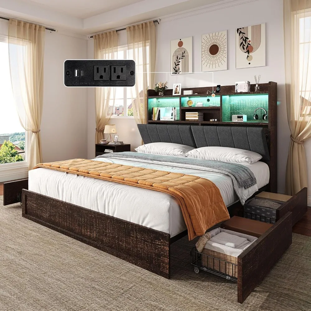 King Size Platform Bed with 4 Storage Drawers, 51.2" Tall LED Beds Frame with Bookcase Headboard, King Bed Frame
King Size Platform Bed with 4 Storage Drawers, 51.2" Tall LED Beds Frame with Bookcase Headboard, King Bed Frame