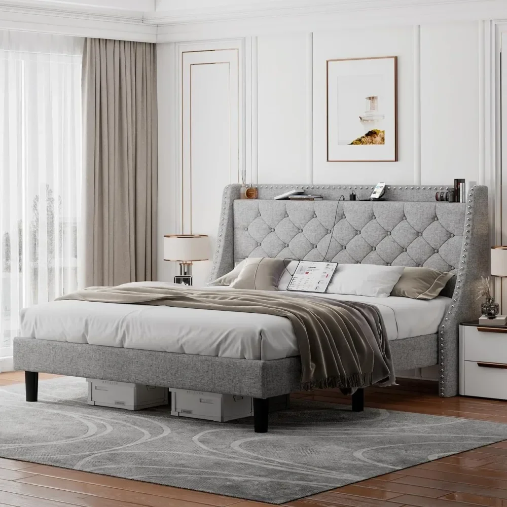 King Bed Frame with Luxury Wingback Upholstered Button Tufted Storage Headboard, King Platform Bed with Charging Station
King Bed Frame with Luxury Wingback Upholstered Button Tufted Storage Headboard, King Platform Bed with Charging Station