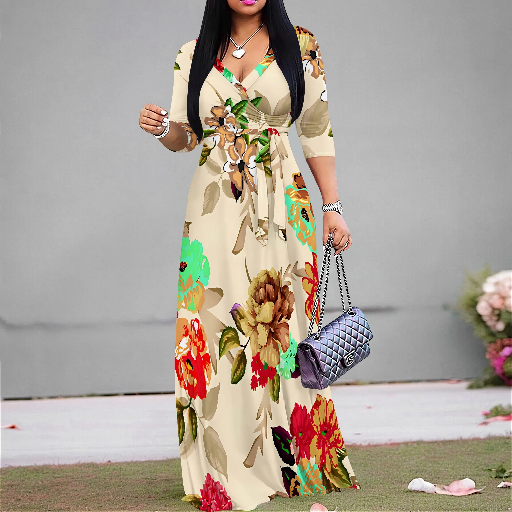 Women's 3/4 Sleeve V Neck Women With Pocket and Bel Long Dress Fashion Printed Split Hem Club Party Casual Vacation Maxi Dress
Women's 3/4 Sleeve V Neck Women With Pocket and Bel Long Dress Fashion Printed Split Hem Club Party Casual Vacation Maxi Dress
