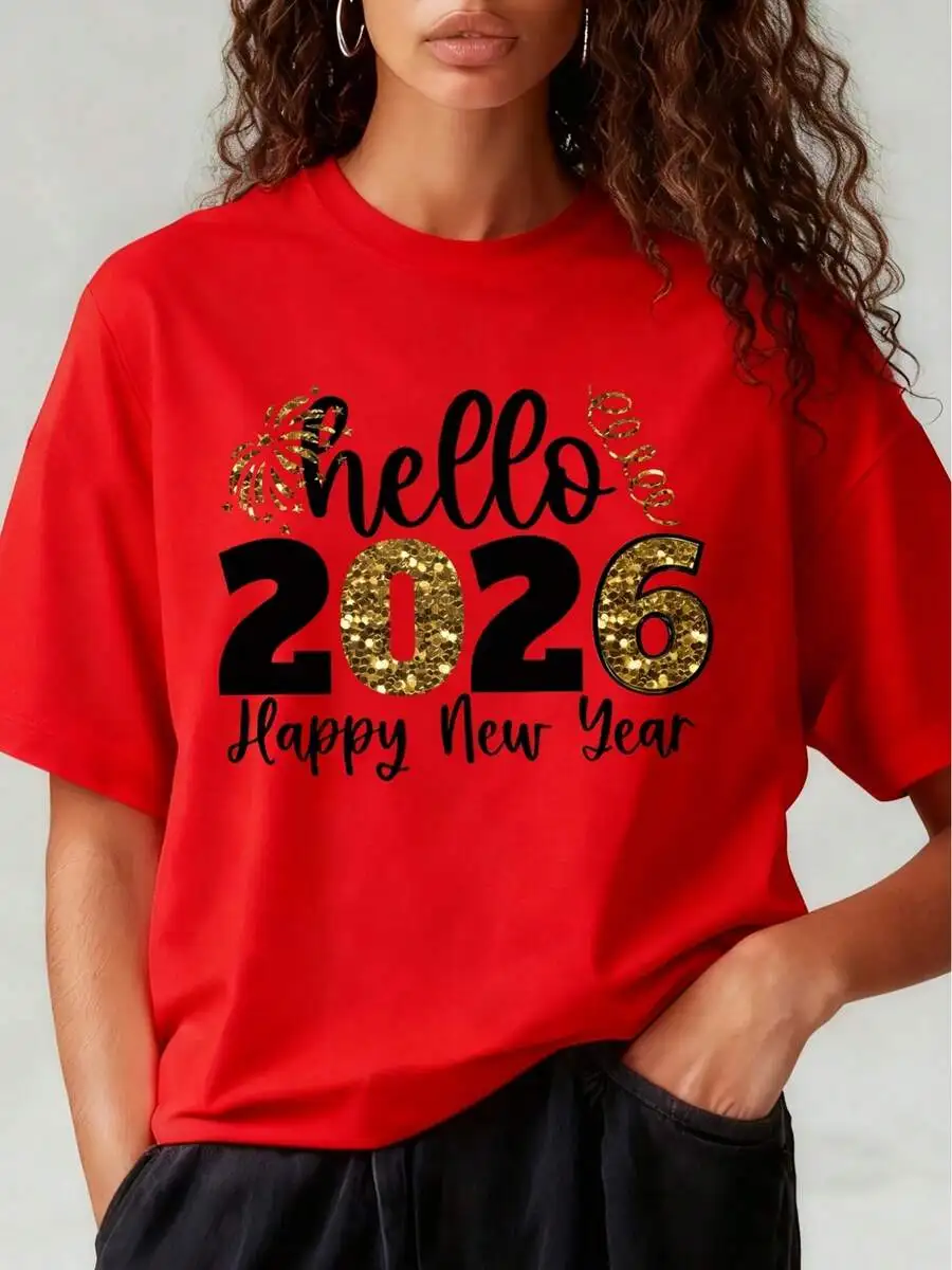 2026 Hello Women's T-Shirt Women's Happy New Year Pattern Print T-Shirt Top Summer Loose Casual Round Neck Short Sleeve T-Shirt
2026 Hello Women's T-Shirt Women's Happy New Year Pattern Print T-Shirt Top Summer Loose Casual Round Neck Short Sleeve T-Shirt