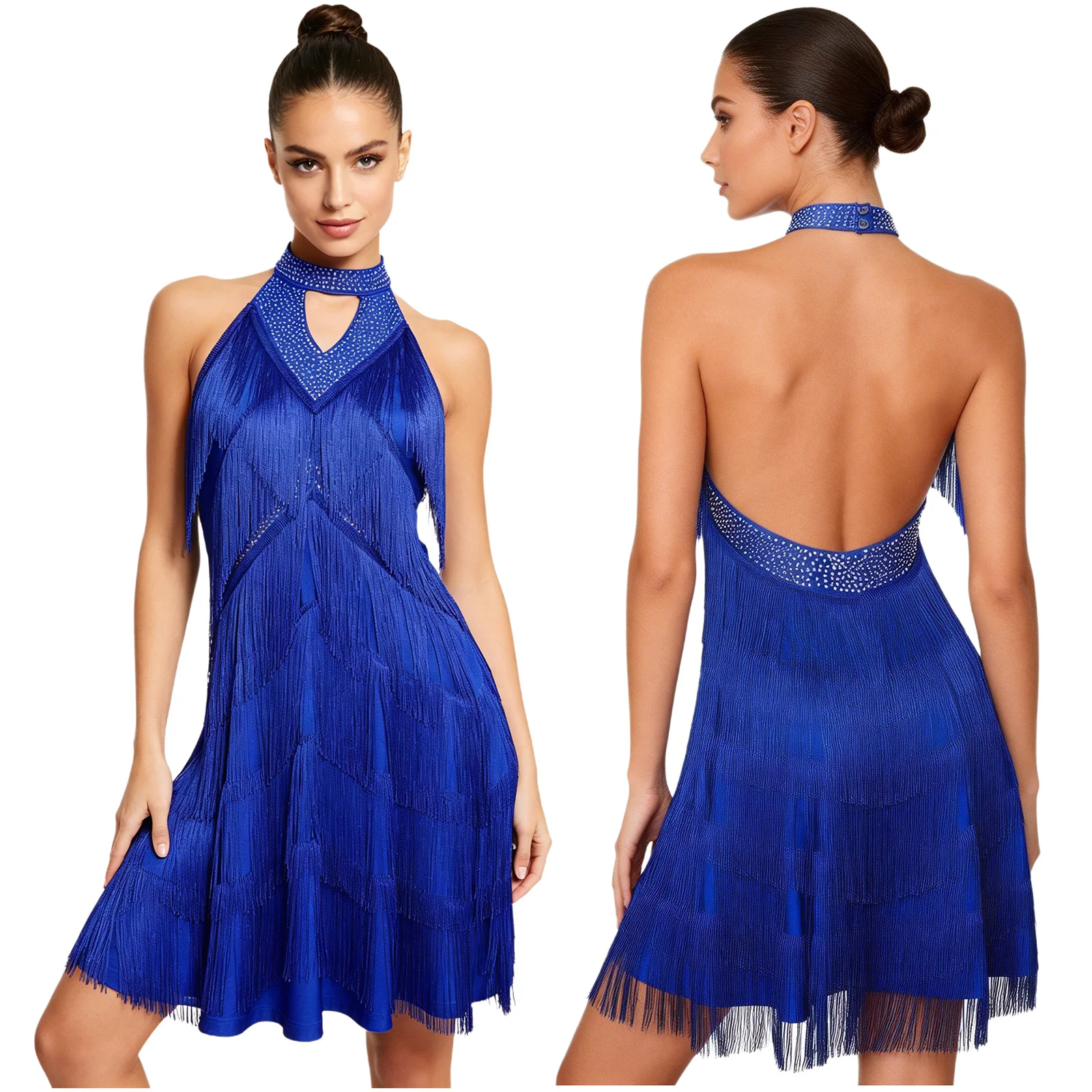 Womens Latin Tango Dance Dress Flamenco Ballroom Dancewear Rhinestones Halter Backless Fringed Dresses for Cha-cha Samba Salsa
Womens Latin Tango Dance Dress Flamenco Ballroom Dancewear Rhinestones Halter Backless Fringed Dresses for Cha-cha Samba Salsa