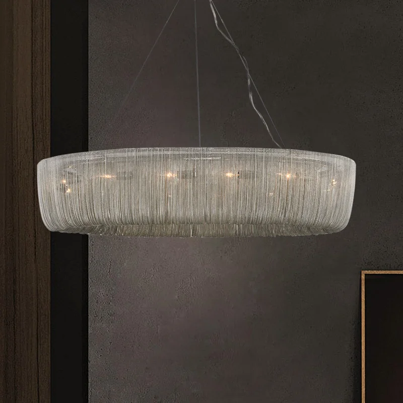 Высококачественная роскошная современная большая серебряная алюминиевая цепочка, круглая люстра для виллы, украшение интерьера гостиницы
Высококачественная роскошная современная большая серебряная алюминиевая цепочка, круглая люстра для виллы, украшение интерьера гостиницы