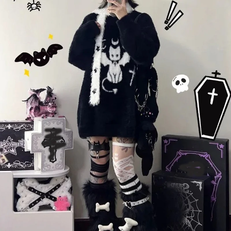 Loose Black Gothic Cat Women Sweater Autumn Y2k Harajuku Japanese Fashion Oversized Knit Pullovers Grunge Vintage Streetwear
Loose Black Gothic Cat Women Sweater Autumn Y2k Harajuku Japanese Fashion Oversized Knit Pullovers Grunge Vintage Streetwear