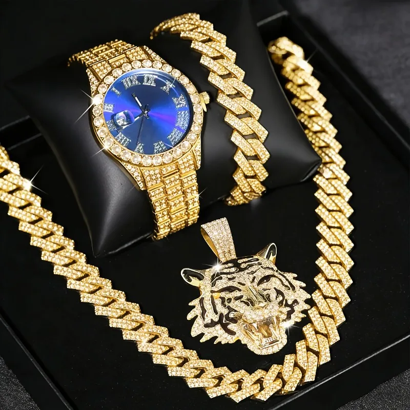 Trendy Men's Popular Tiger Head Cuban Chain Four Piece Set | Street Hip Hop Style Watch Necklace Bracelet Pendant Set
Trendy Men's Popular Tiger Head Cuban Chain Four Piece Set | Street Hip Hop Style Watch Necklace Bracelet Pendant Set