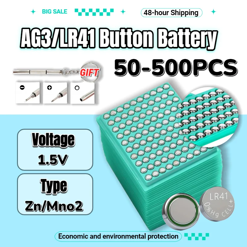 High Performance LR41 AG3 1.5V Button Batteries for Watch, Calculators, Toys - Compatible with SR41 192 392 L736 SR41SW
High Performance LR41 AG3 1.5V Button Batteries for Watch, Calculators, Toys - Compatible with SR41 192 392 L736 SR41SW
