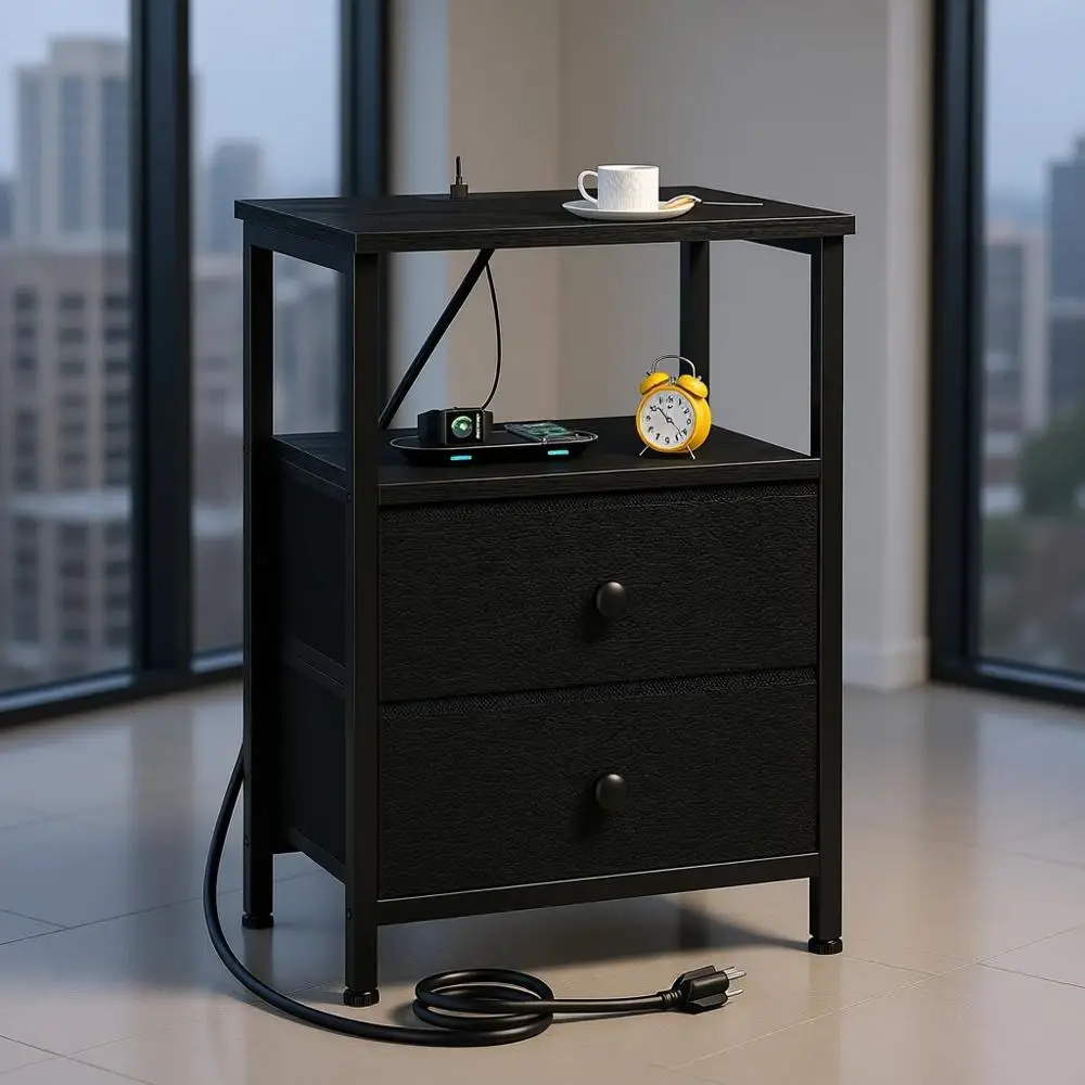 Black Charging Station Nightstand with Fabric Drawers and USB Ports
Black Charging Station Nightstand with Fabric Drawers and USB Ports